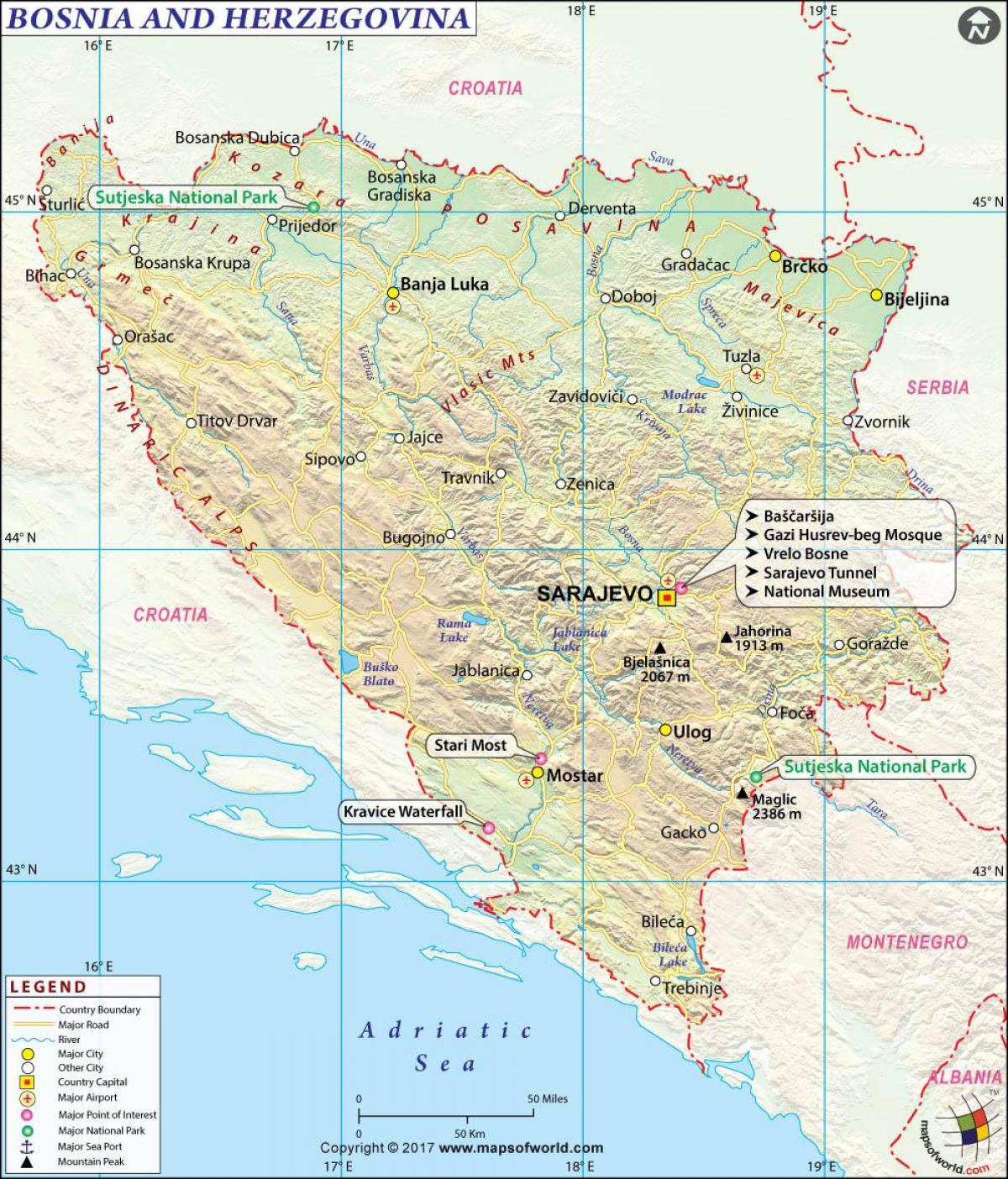 Карта краіны Боснія 